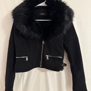 AKIRA Black Leather Jacket with Faux Fur Collar